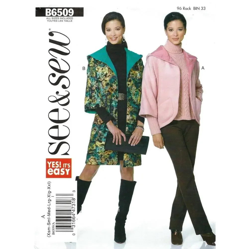 Butterick See & Sew B6509 Lined, Hooded Jacket w Sleeve Variations Sz 4-26 UNCUT